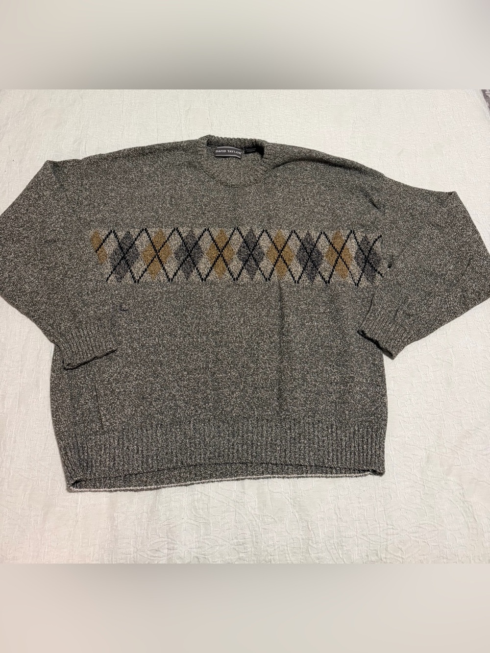 David Taylor Crewneck Argyle Sweater in Gray with Brown Accents